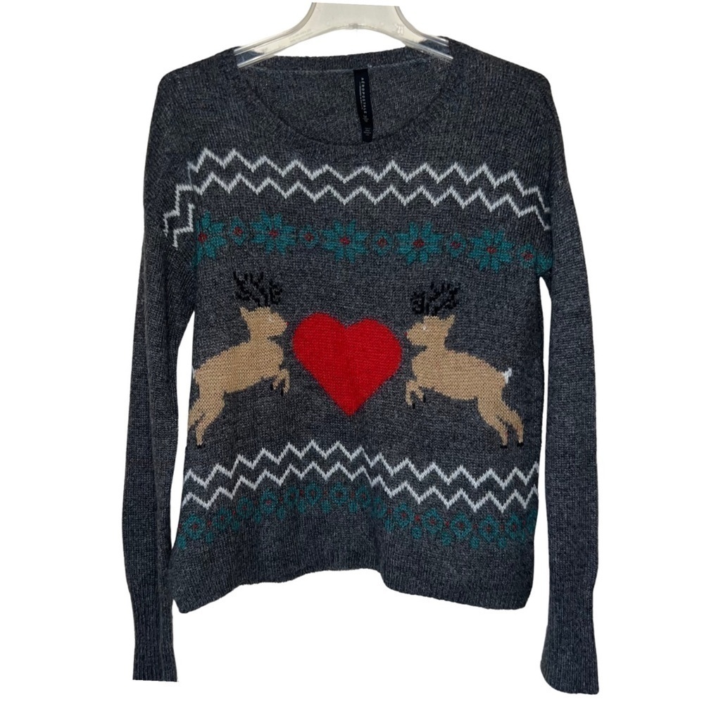 Aeropostale Gray Reindeer Heart Christmas Sweater Size Medium